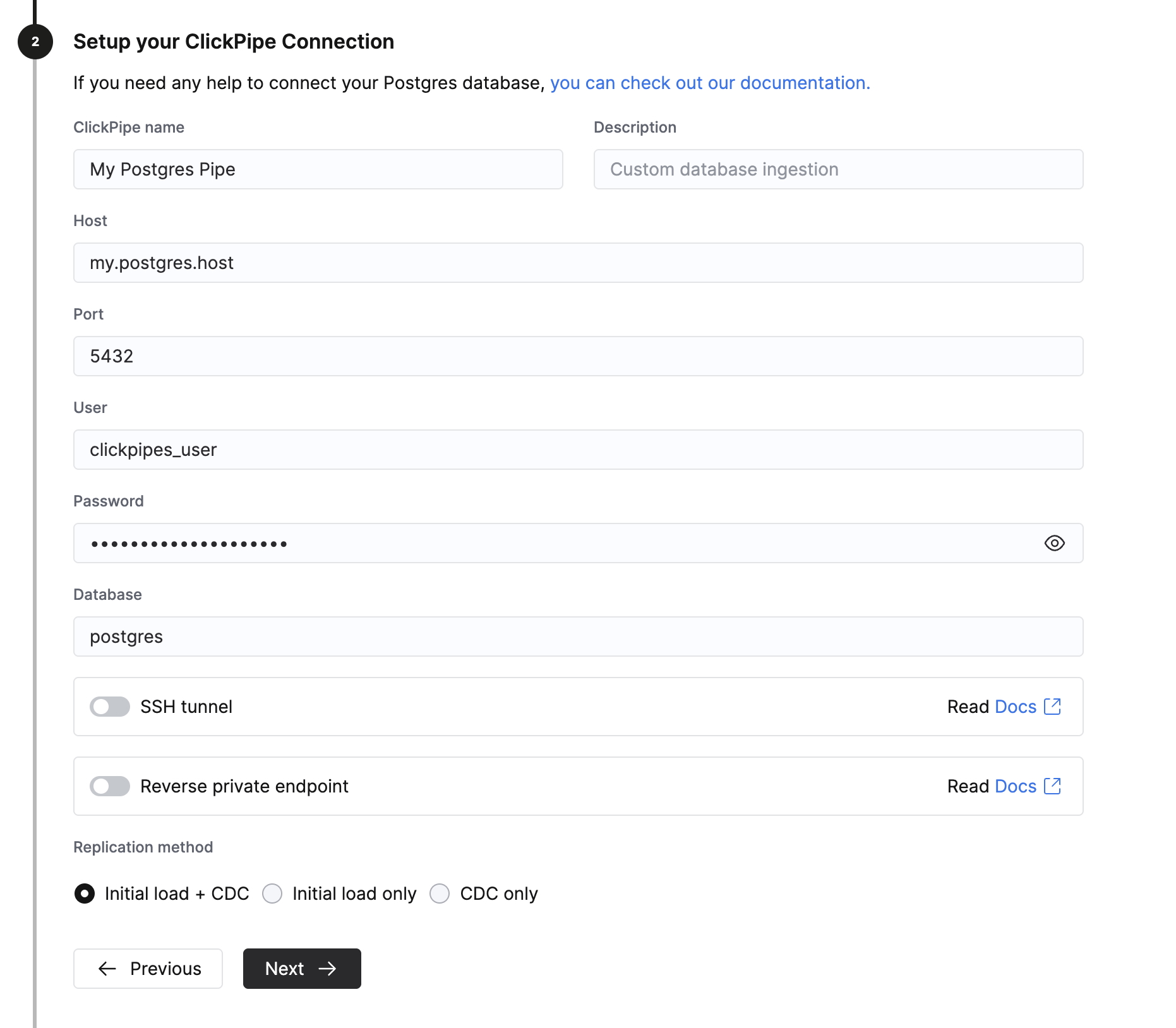 Заполнение параметров подключения