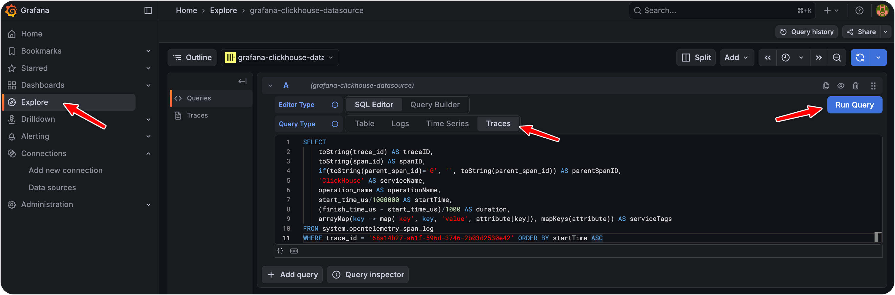 ClickHouse trace visualization in Grafana